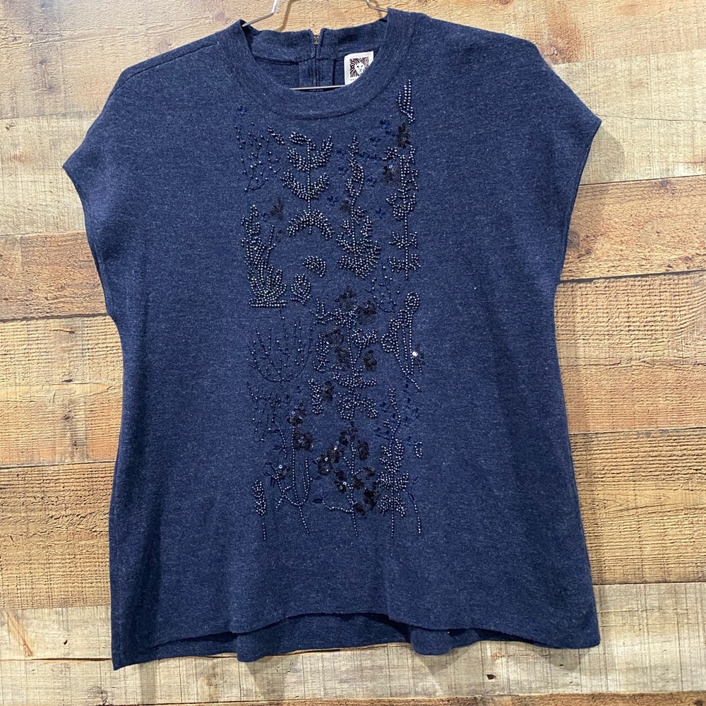 Anne Klein Embellished Beaded Short Sleeve Navy Blue Sweater Size Large